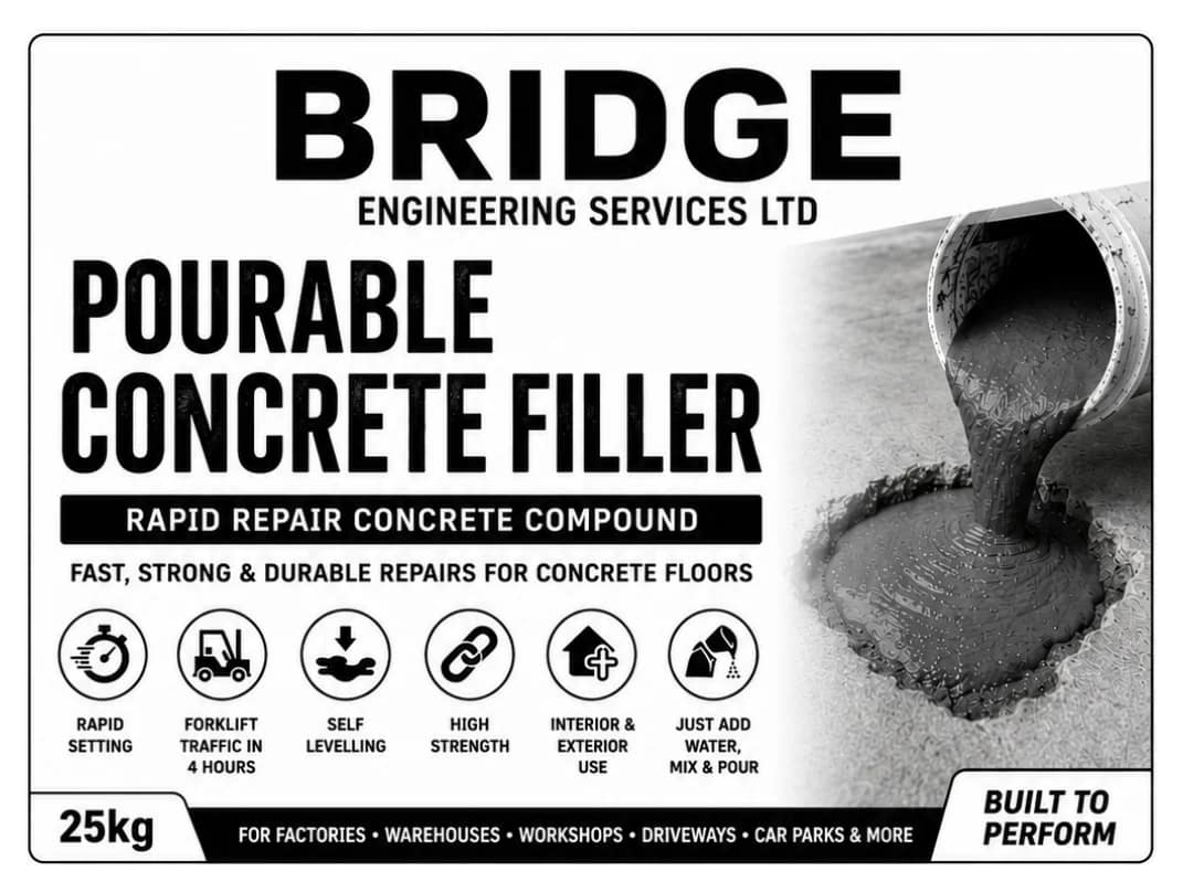 Bridge Pourable Concrete Filler for rapid industrial floor repairs