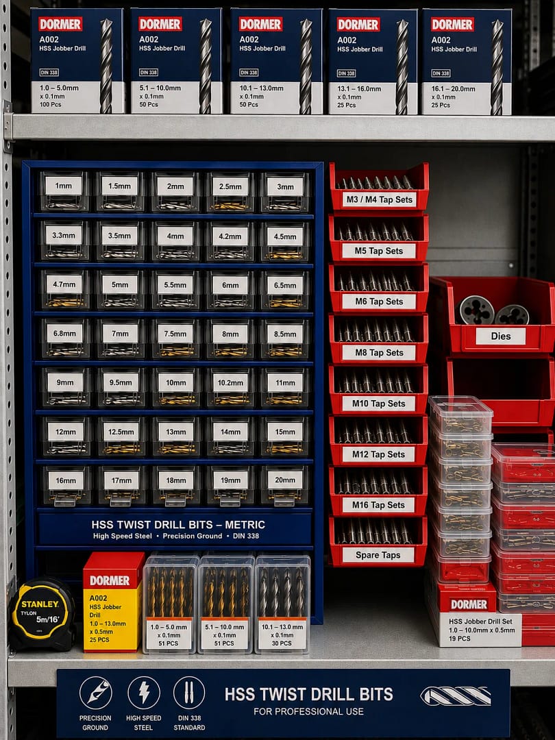 Dormer metric drill bits, tap sets and dies displayed at Bridge Engineering